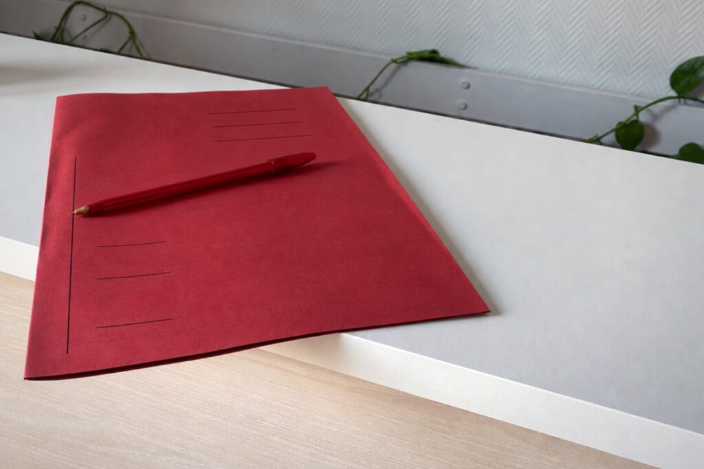 Carpeta roja y bolígrafo sobre una mesa del despacho: abogado experto en derecho de familia en Madrid